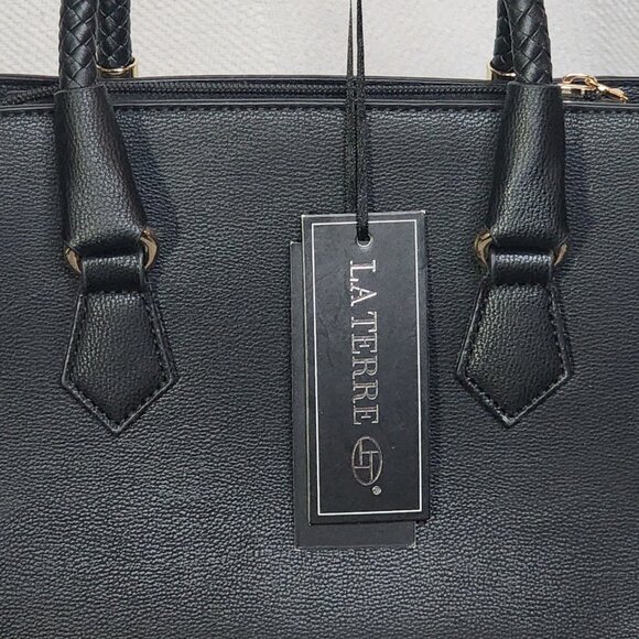 La Terre Black Peta Apprvd Vegan Braided Handle Gold Accent Feet Handbag w/Strap - Picture 2 of 16